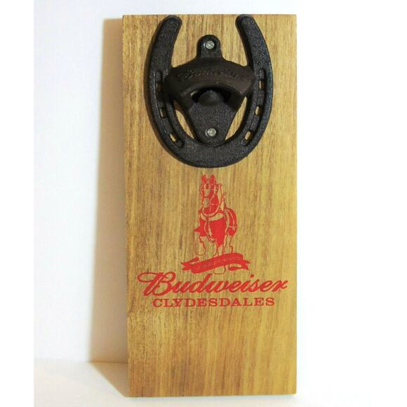 Iron BEER BOTTLE OPENER Budweiser Clydesdales Horse Shoe On Wood Wall Plaque 11" - Picture 6 of 6